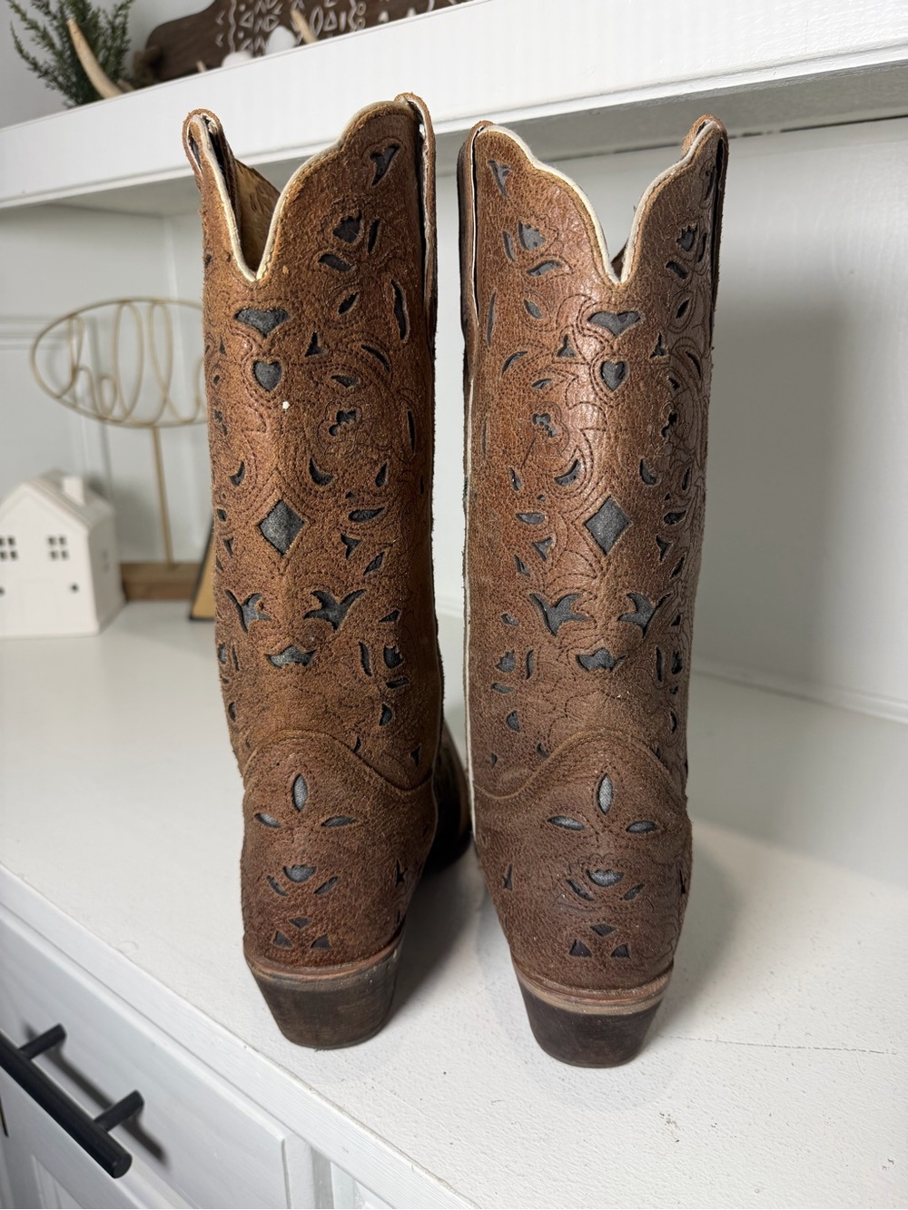 Laredo Womens 7M Brown Floral Cutout Cowboy Boots Tall Western Boho - Picture 6 of 9